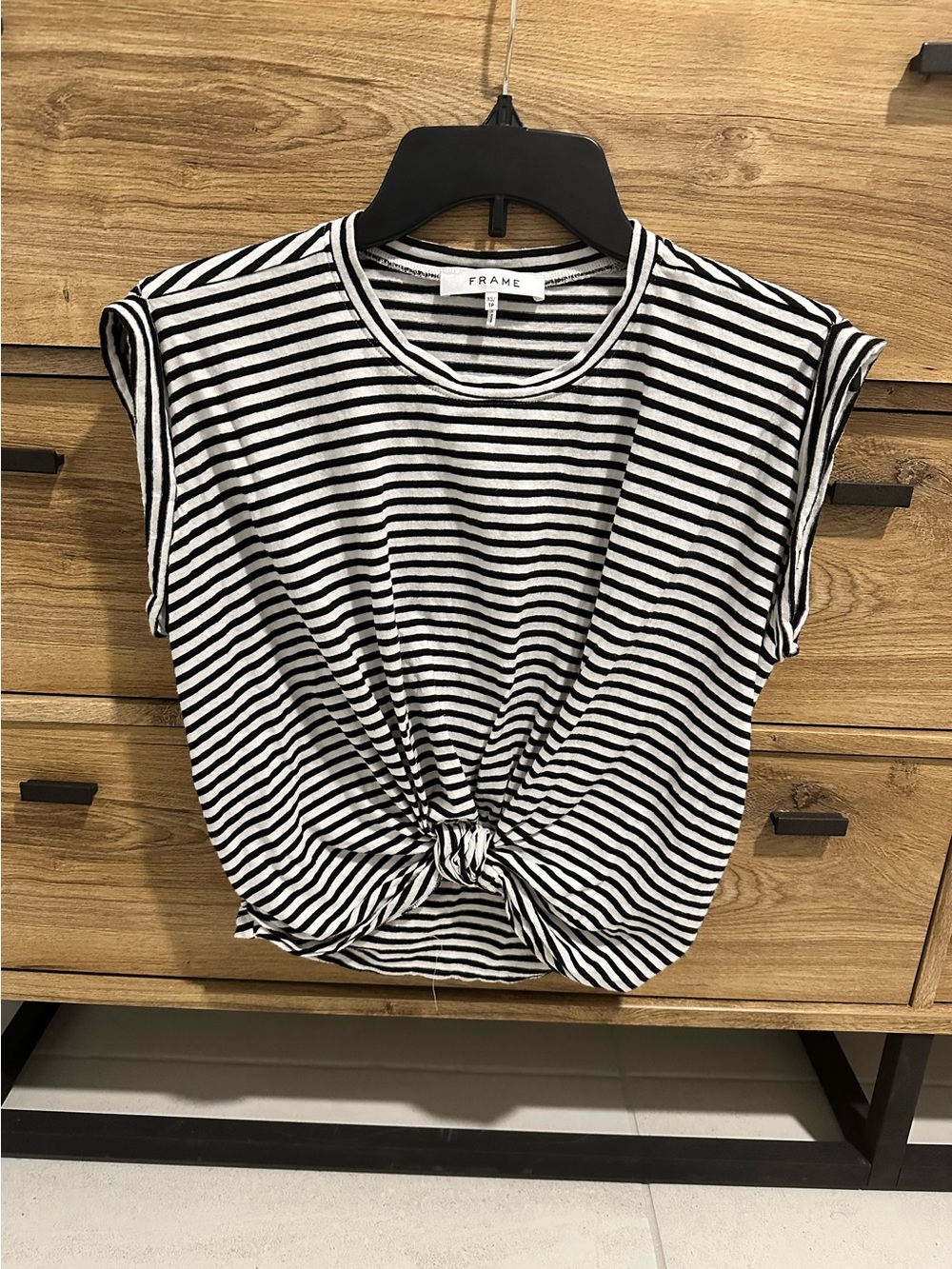 Frame Denim Black and White Striped Knot Front Tank